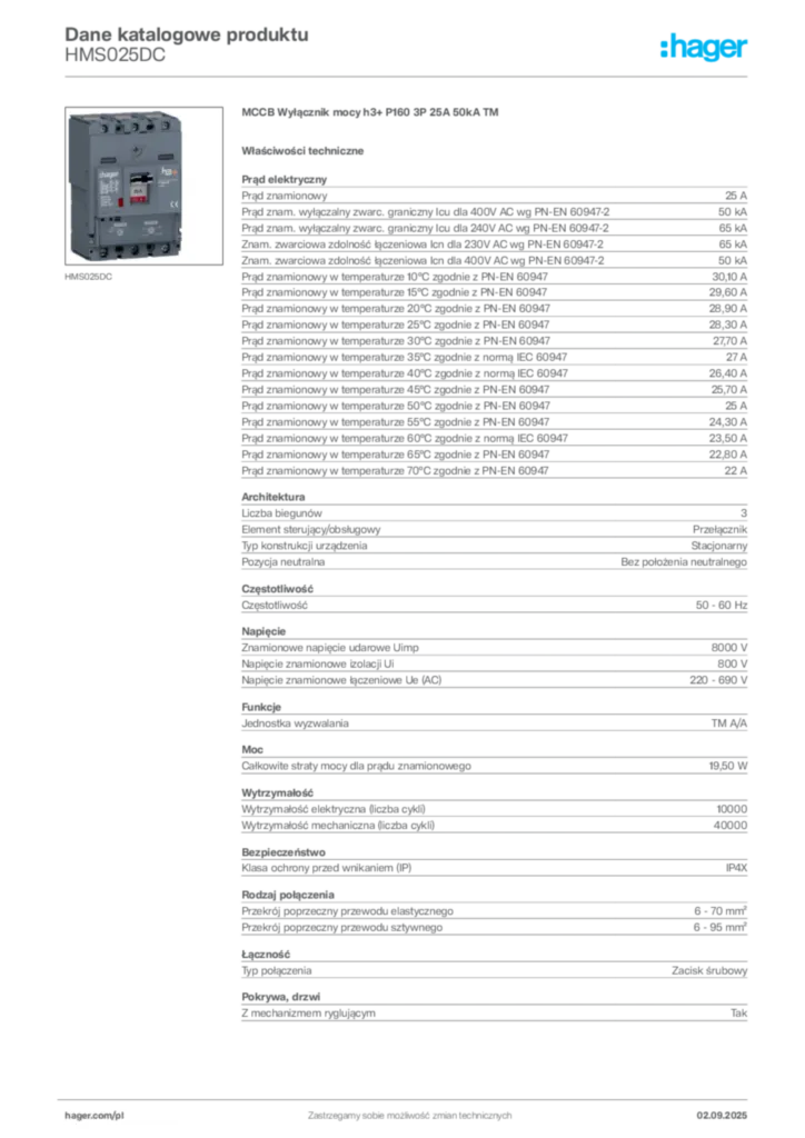 Zdjęcie Hager Karta katalogowa HMS025DC | Hager Polska