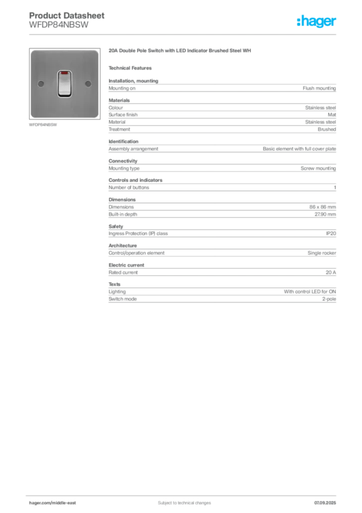 Image Hager Product data sheet WFDP84NBSW  | Hager