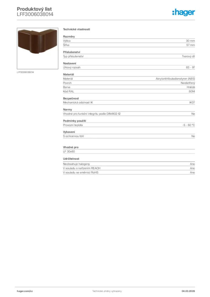 Obrázek Hager Product data sheet LFF3006038014 | Hager