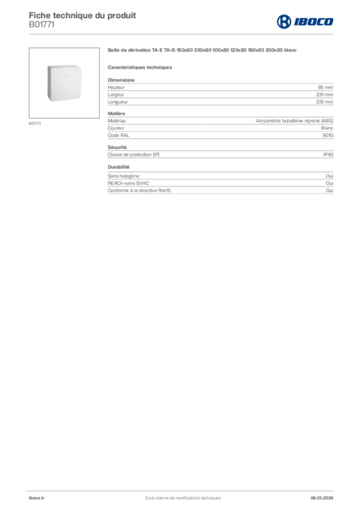 Image Iboco Fiche technique du produit B01771 | Hager France