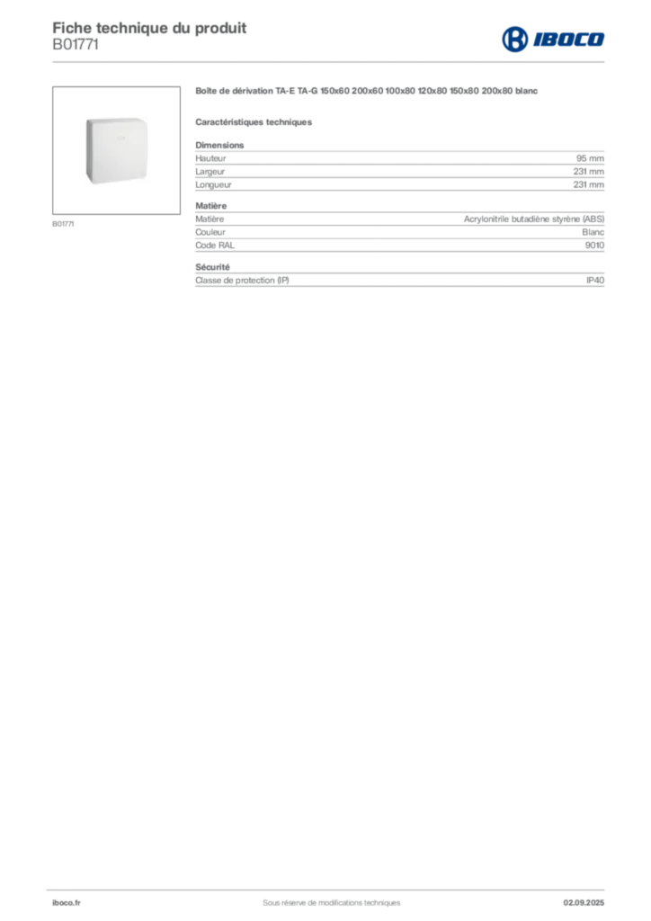 Image Iboco Fiche technique du produit B01771 | Hager France