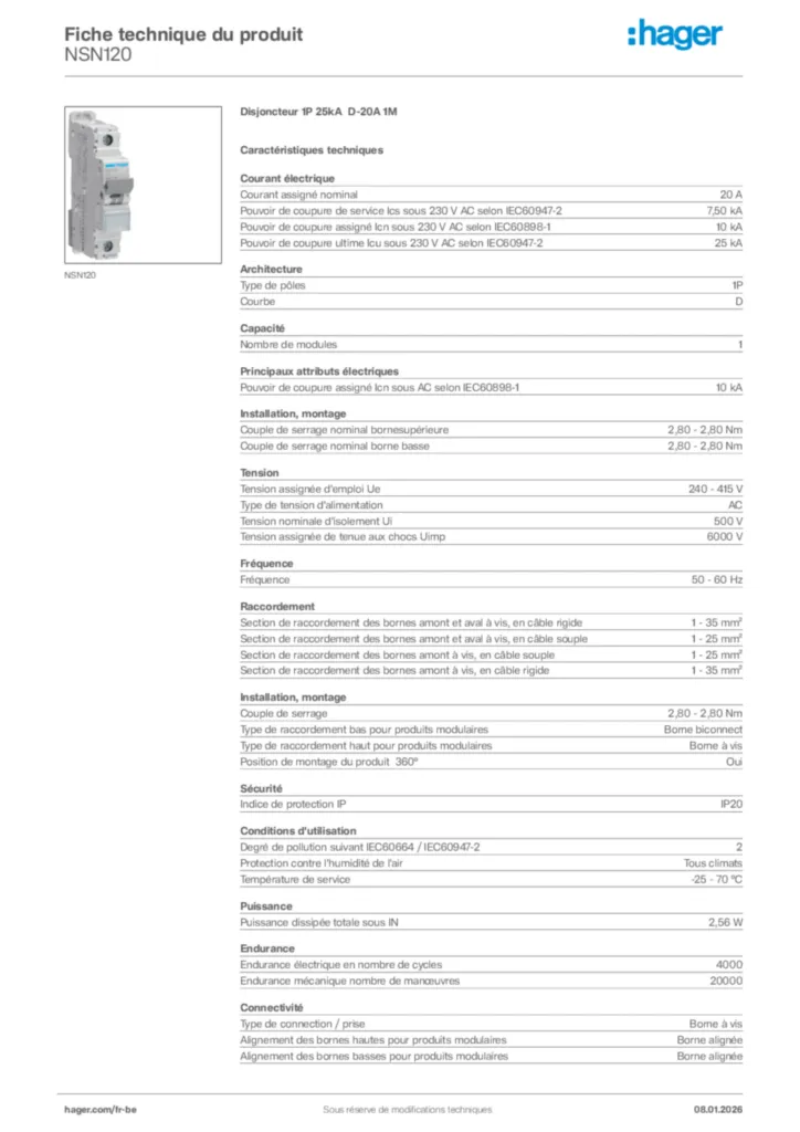 Image Hager Fiche technique du produit NSN120 | Hager Belgique