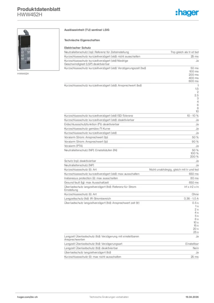 Bild Hager Produktdatenblatt HWW452H | Hager Schweiz