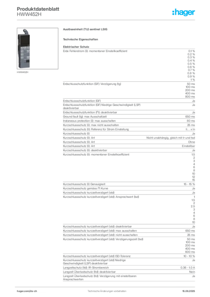 Bild Hager Produktdatenblatt HWW452H | Hager Schweiz