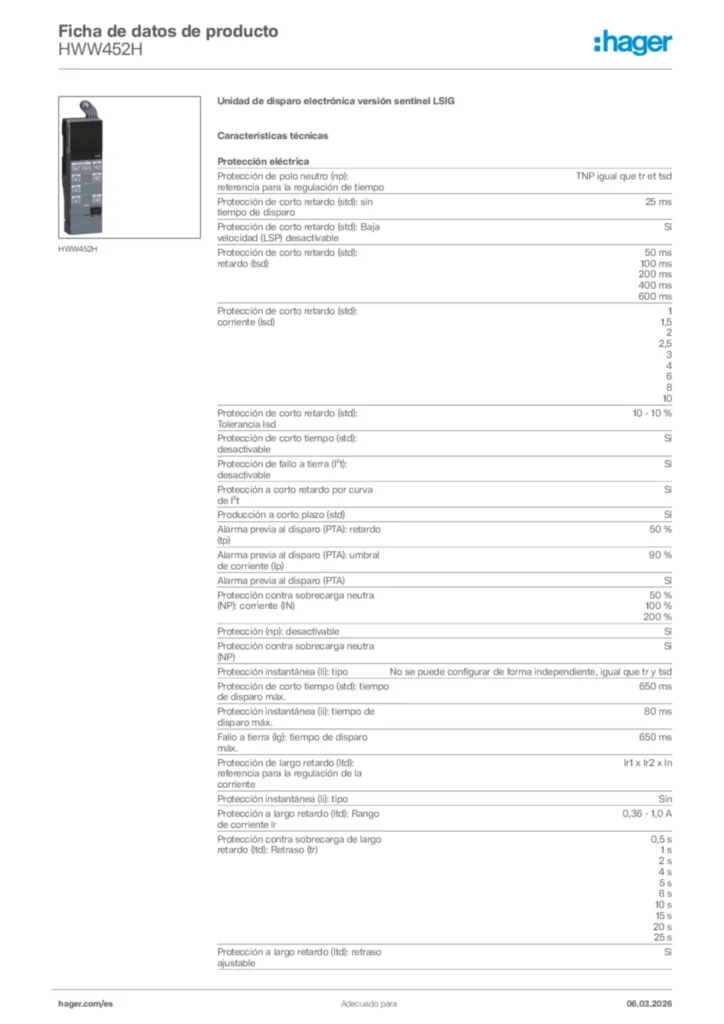 Imagen Hager Ficha de datos de producto HWW452H | Hager España