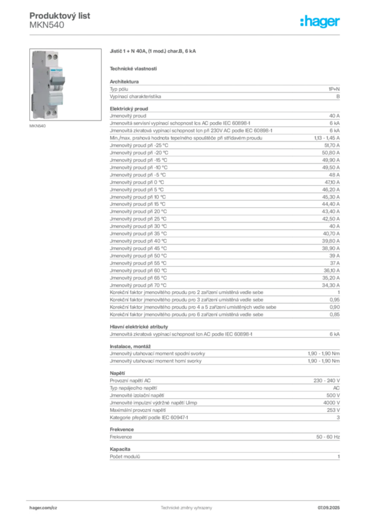 Obrázek Hager Produktový list MKN540 | Hager