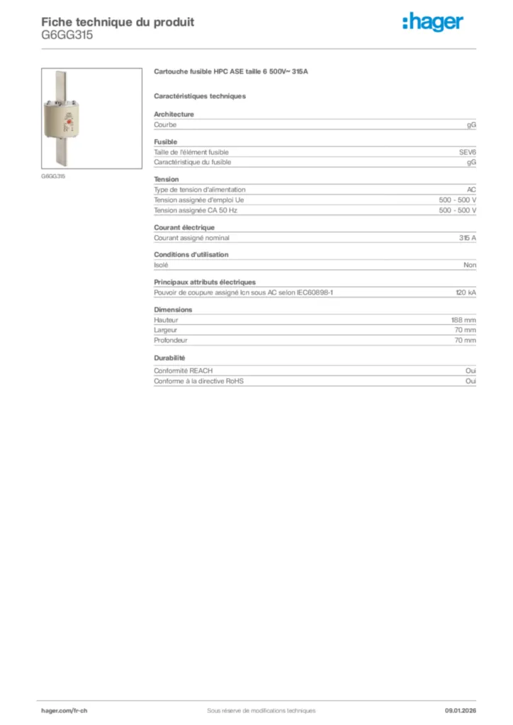 Image Hager Fiche technique du produit G6GG315 | Hager Suisse