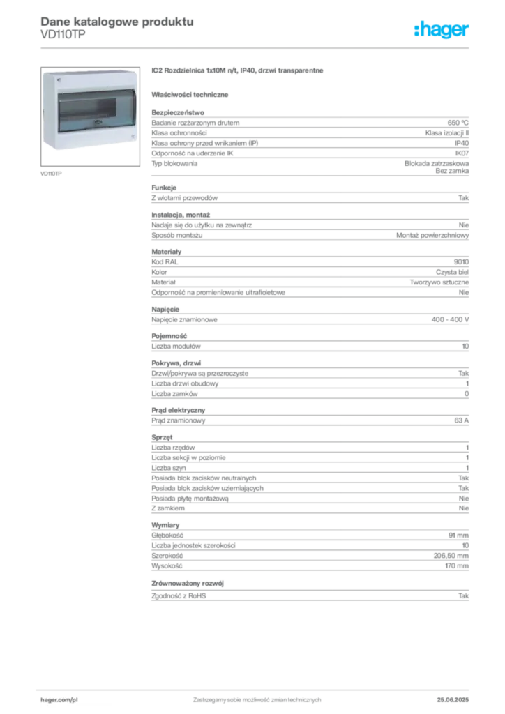 Zdjęcie Hager Karta katalogowa VD110TP | Hager Polska