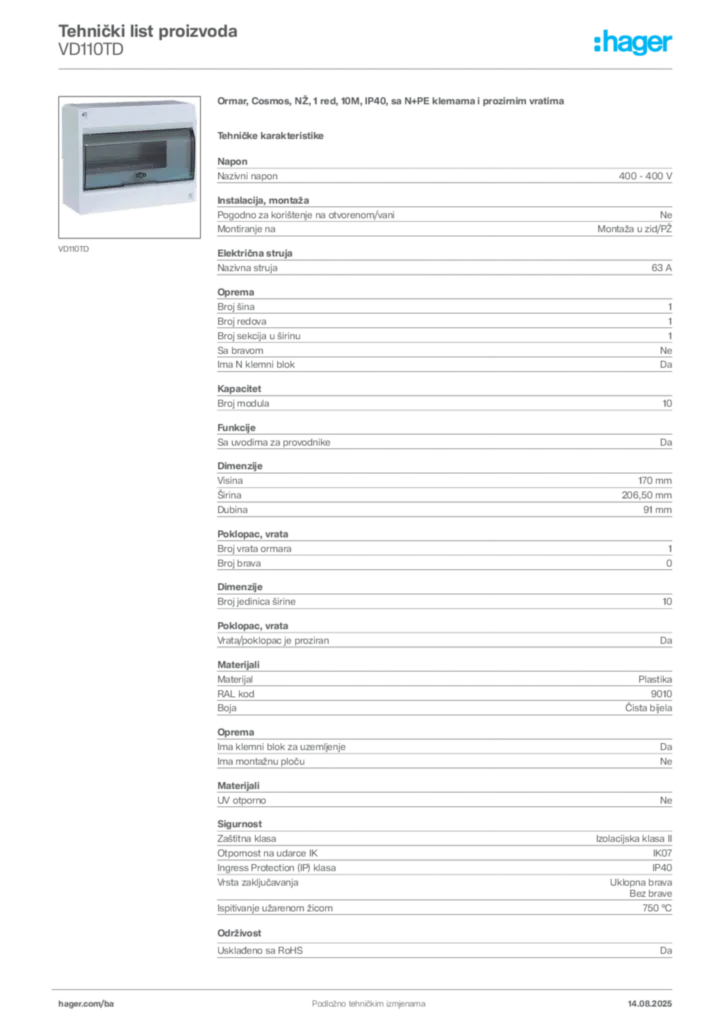 Slika Hager Product data sheet VD110TD  | Hager