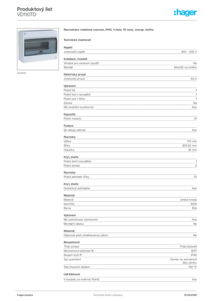 Obrázek Hager Produktový list VD110TD | Hager