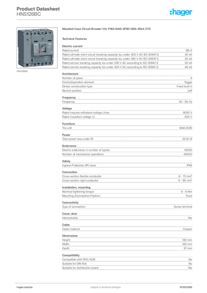 Image Hager Product data sheet HNS126BC  | Hager