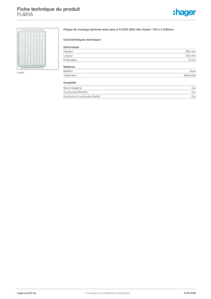 Image Hager Fiche technique du produit FL481A | Hager Belgique