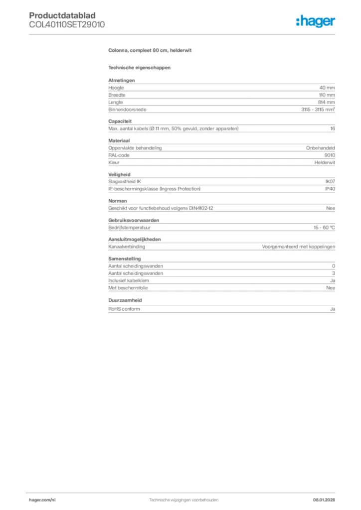 Afbeelding Hager Productdatablad COL40110SET29010 | Hager Nederland