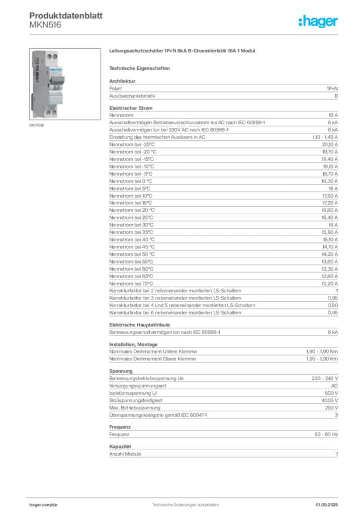 Bild Hager Produktdatenblatt MKN516 | Hager Deutschland