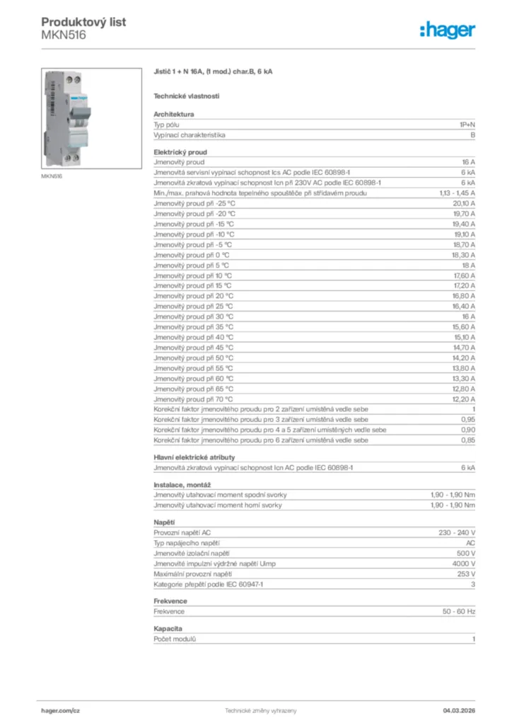 Obrázek Hager Product data sheet MKN516 | Hager