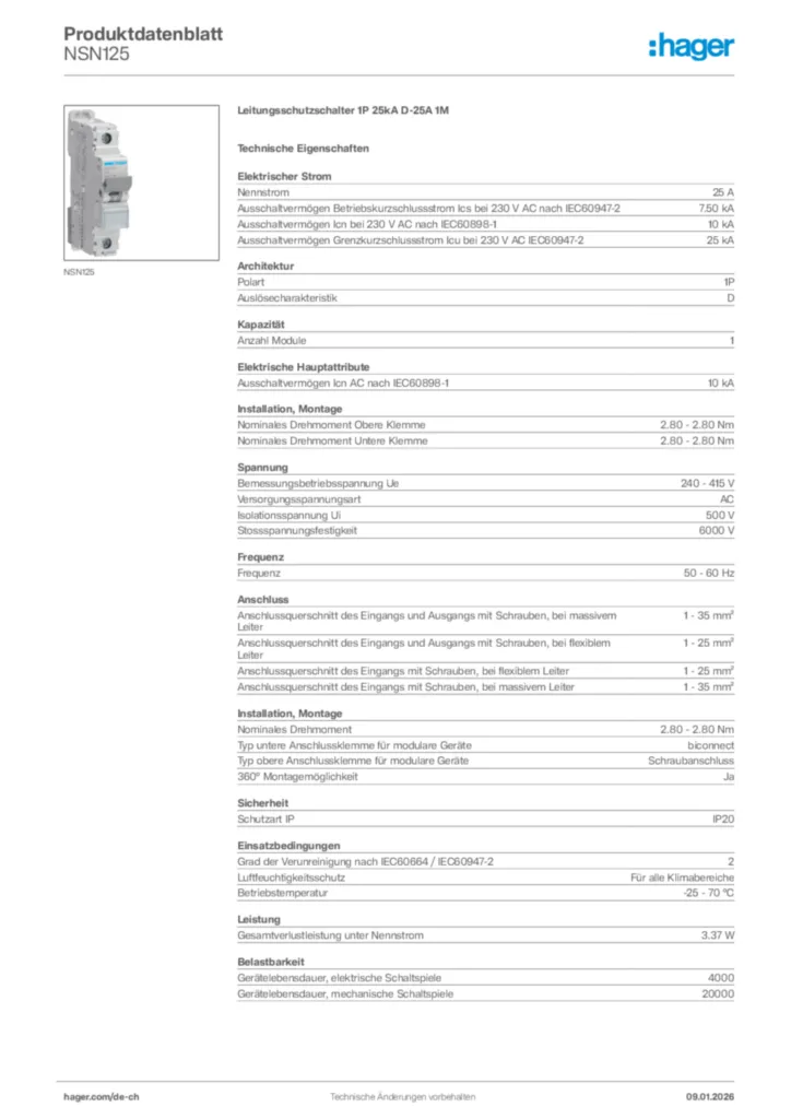 Bild Hager Produktdatenblatt NSN125 | Hager Schweiz