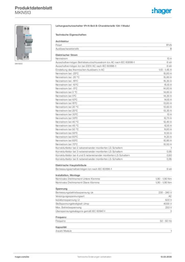 Bild Hager Produktdatenblatt MKN513 | Hager Deutschland