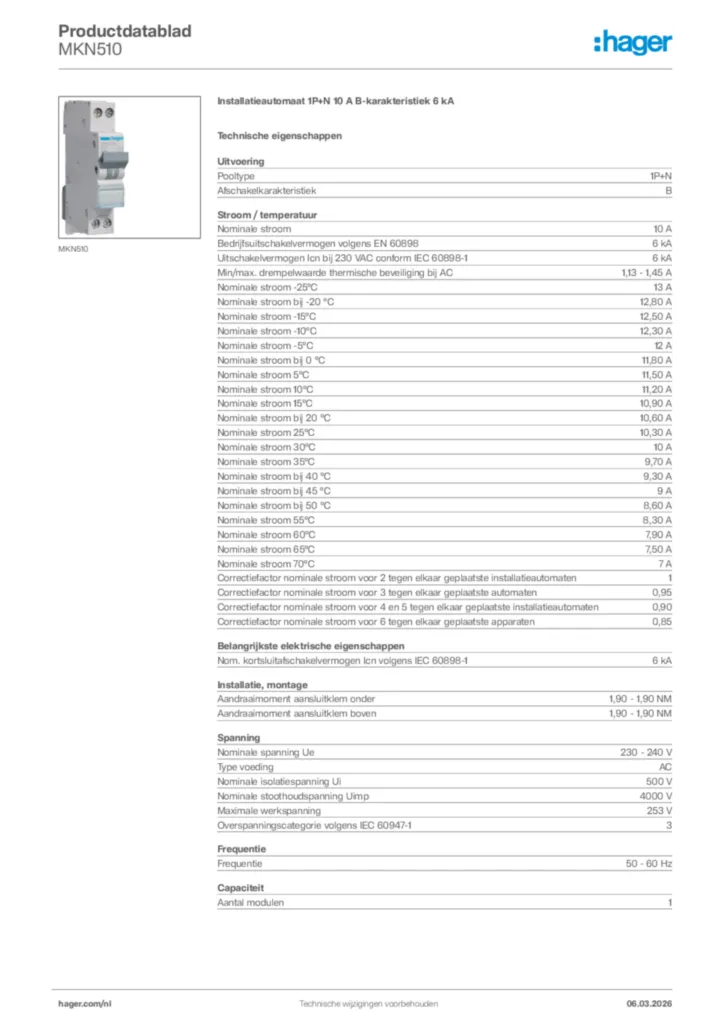 Afbeelding Hager Productdatablad MKN510 | Hager Nederland