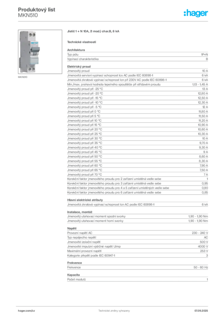 Obrázek Hager Produktový list MKN510 | Hager