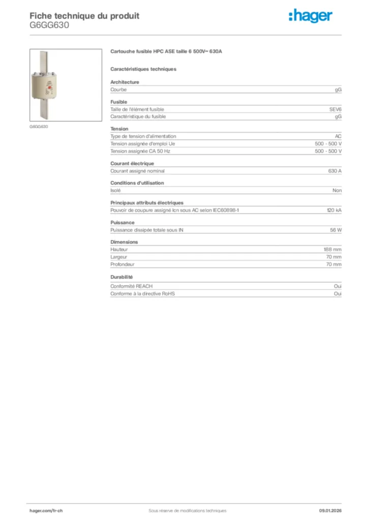 Image Hager Fiche technique du produit G6GG630 | Hager Suisse