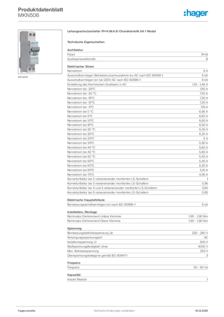 Bild Hager Produktdatenblatt MKN506 | Hager Deutschland