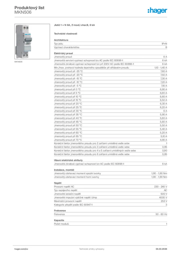 Obrázek Hager Product data sheet MKN506 | Hager