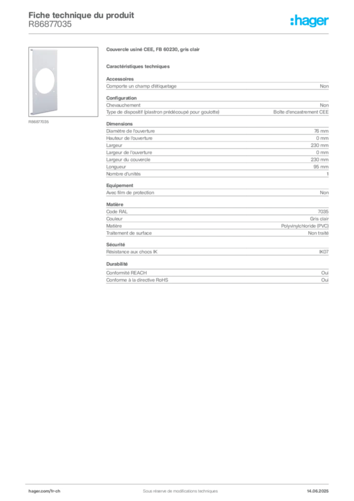 Image Hager Fiche technique du produit R86877035 | Hager Suisse