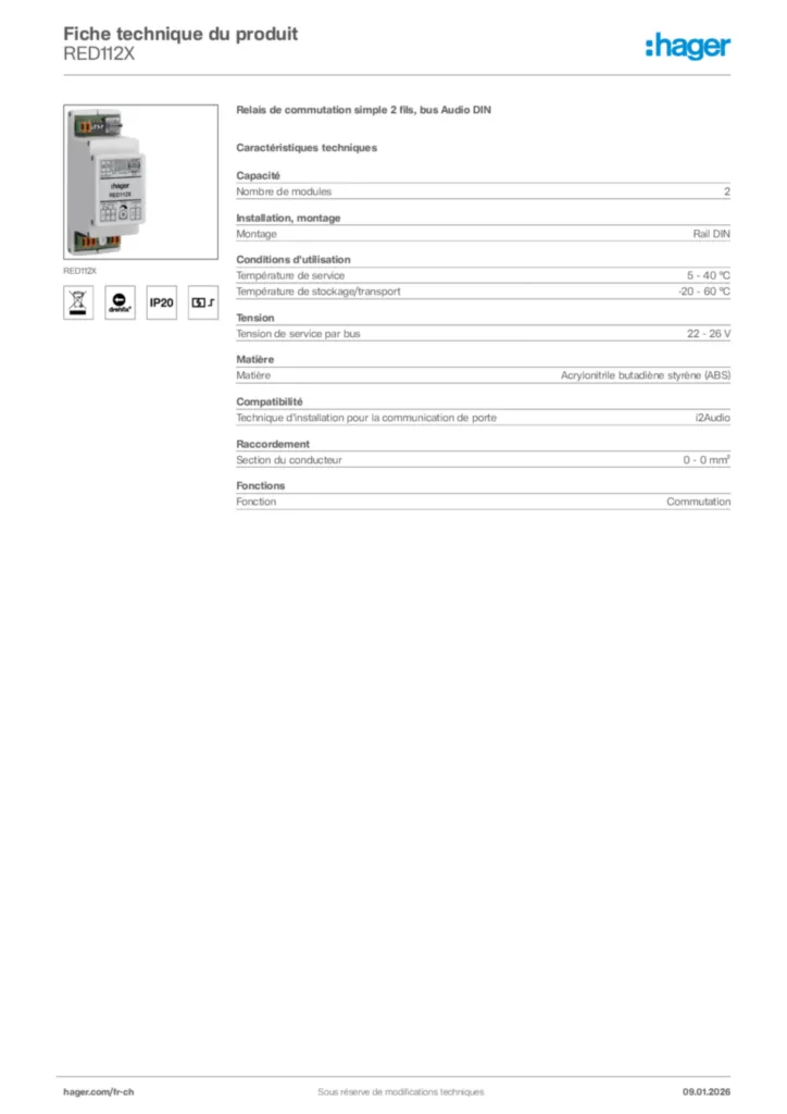 Image Hager Fiche technique du produit RED112X | Hager Suisse