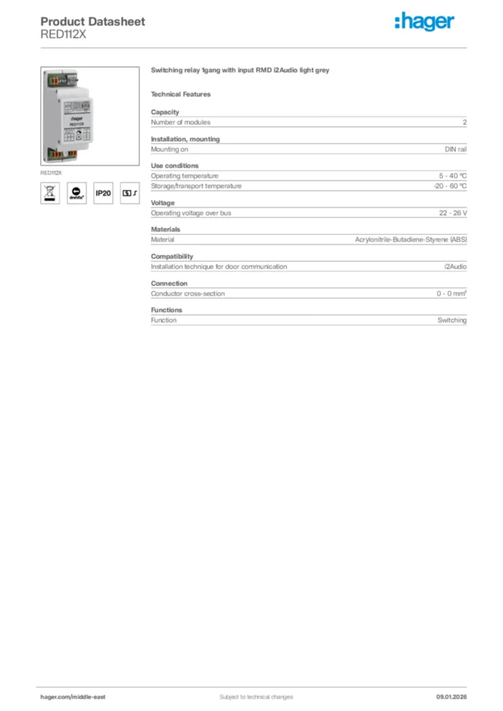 Image Hager Product data sheet RED112X  | Hager