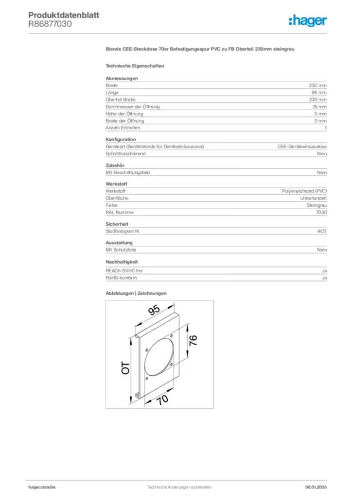 Bild Hager Produktdatenblatt R86877030 | Hager Deutschland