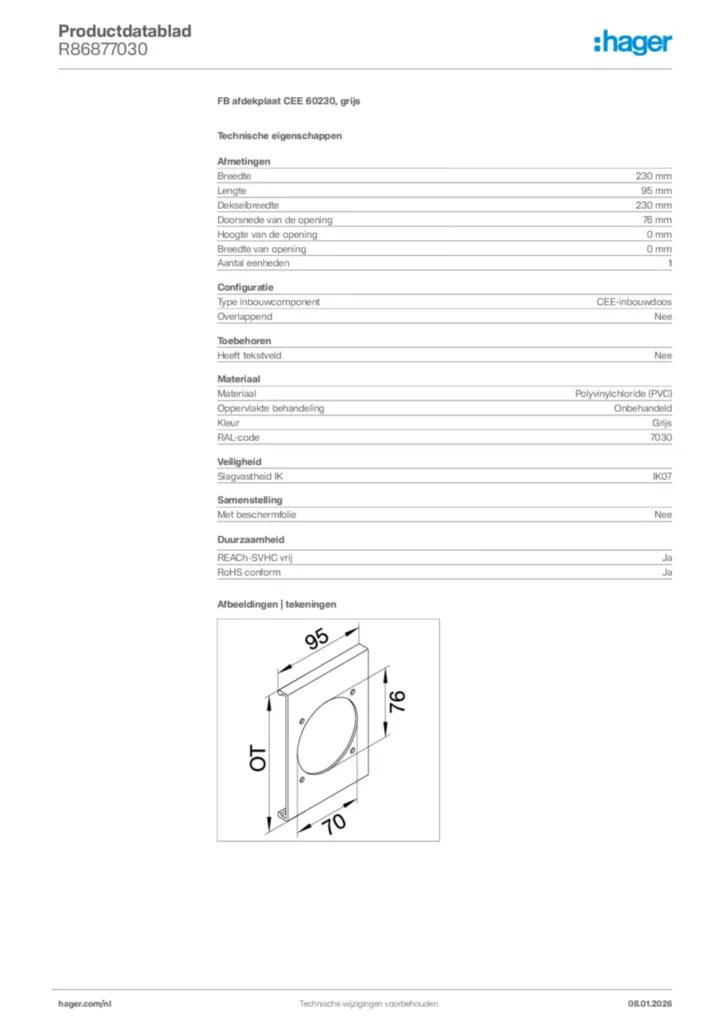 Afbeelding Hager Productdatablad R86877030 | Hager Nederland