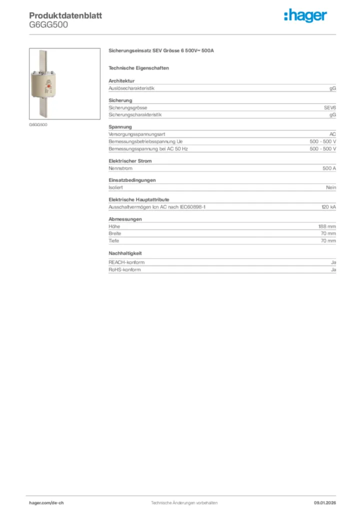 Bild Hager Produktdatenblatt G6GG500 | Hager Schweiz