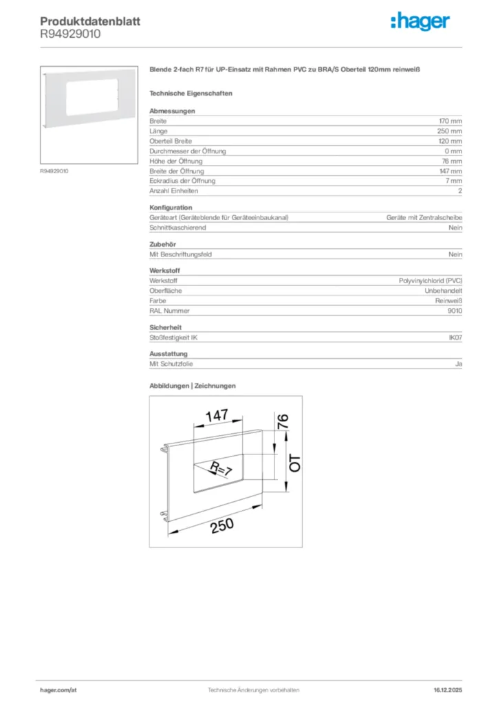 Bild Hager Produktdatenblatt R94929010 | Hager Deutschland