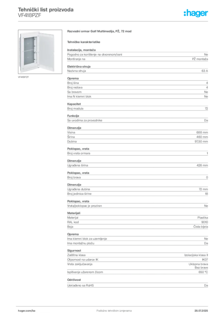 Slika Hager Product data sheet VF418PZF  | Hager