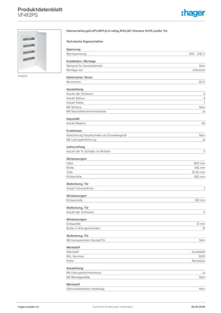 Bild Hager Produktdatenblatt VF412PS | Hager Schweiz