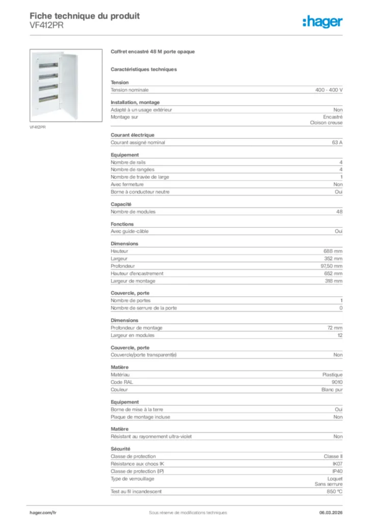 Image Hager Fiche technique du produit VF412PR | Hager France