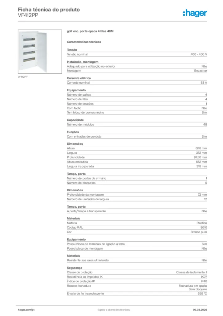 Imagem Hager Ficha técnica do produto VF412PP | Hager Portugal