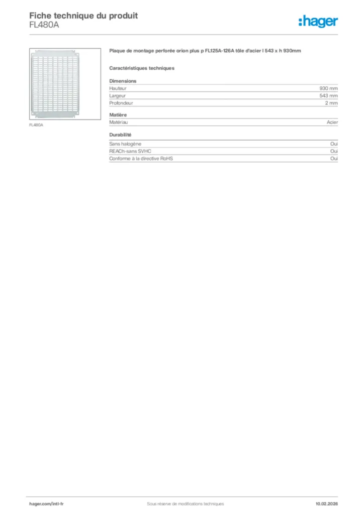 Image Hager Fiche technique du produit FL480A | Hager Afrique