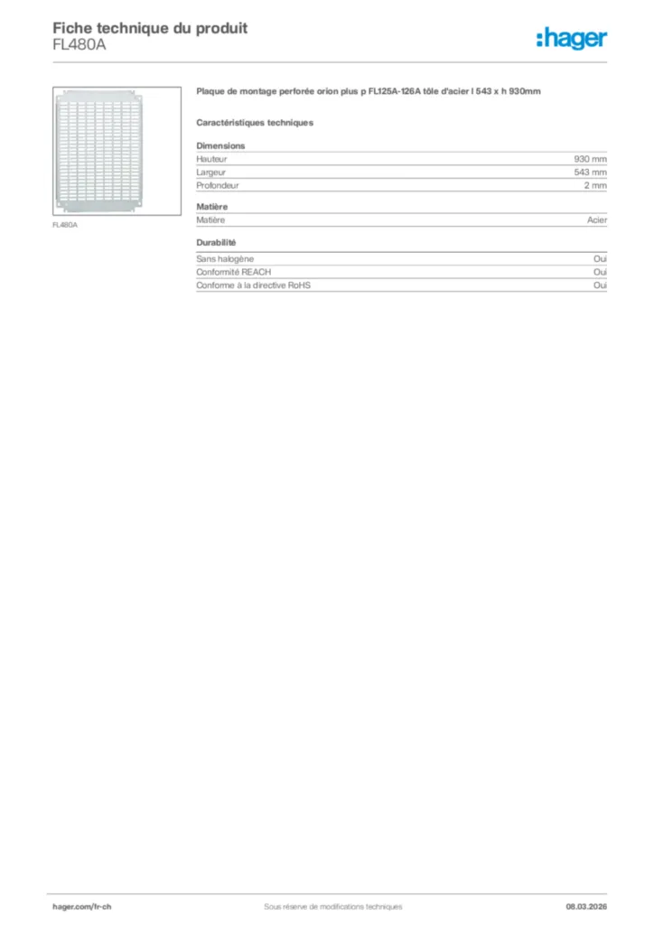 Image Hager Fiche technique du produit FL480A | Hager Suisse