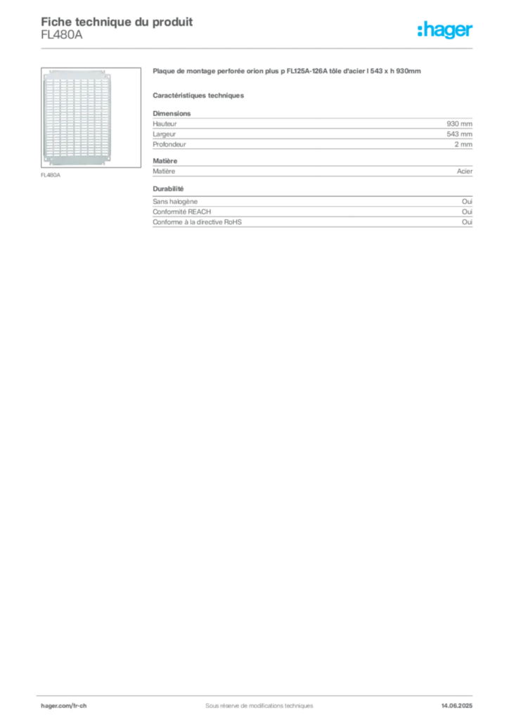 Image Hager Fiche technique du produit FL480A | Hager Suisse