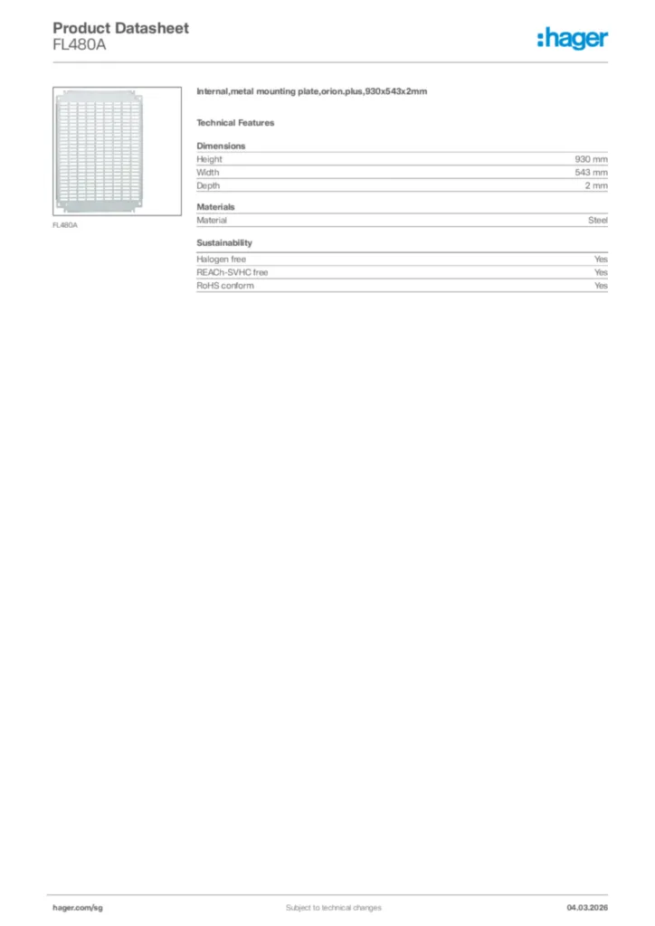 Image Hager Product data sheet FL480A  | Hager