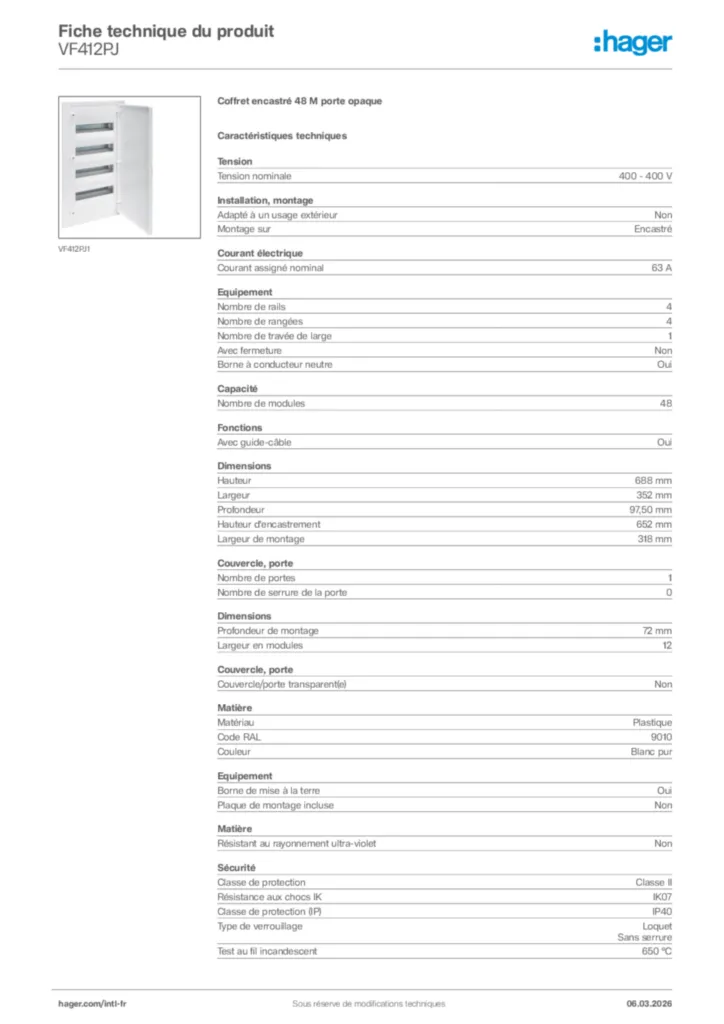 Image Hager Fiche technique du produit VF412PJ | Hager Afrique