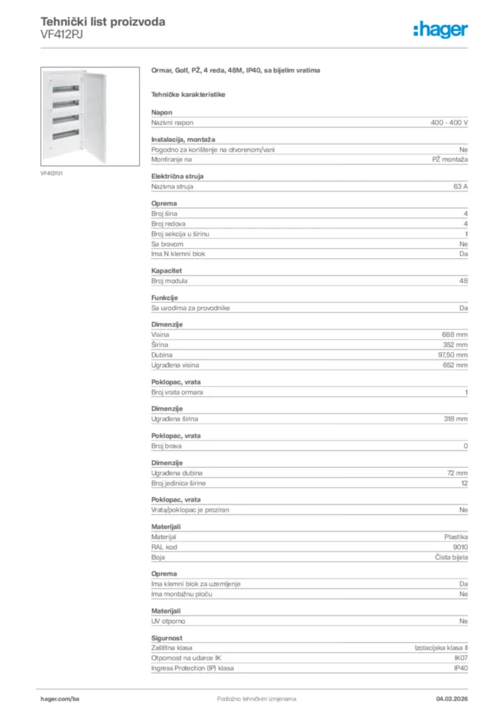 Slika Hager Tehnički list proizvoda VF412PJ  | Hager