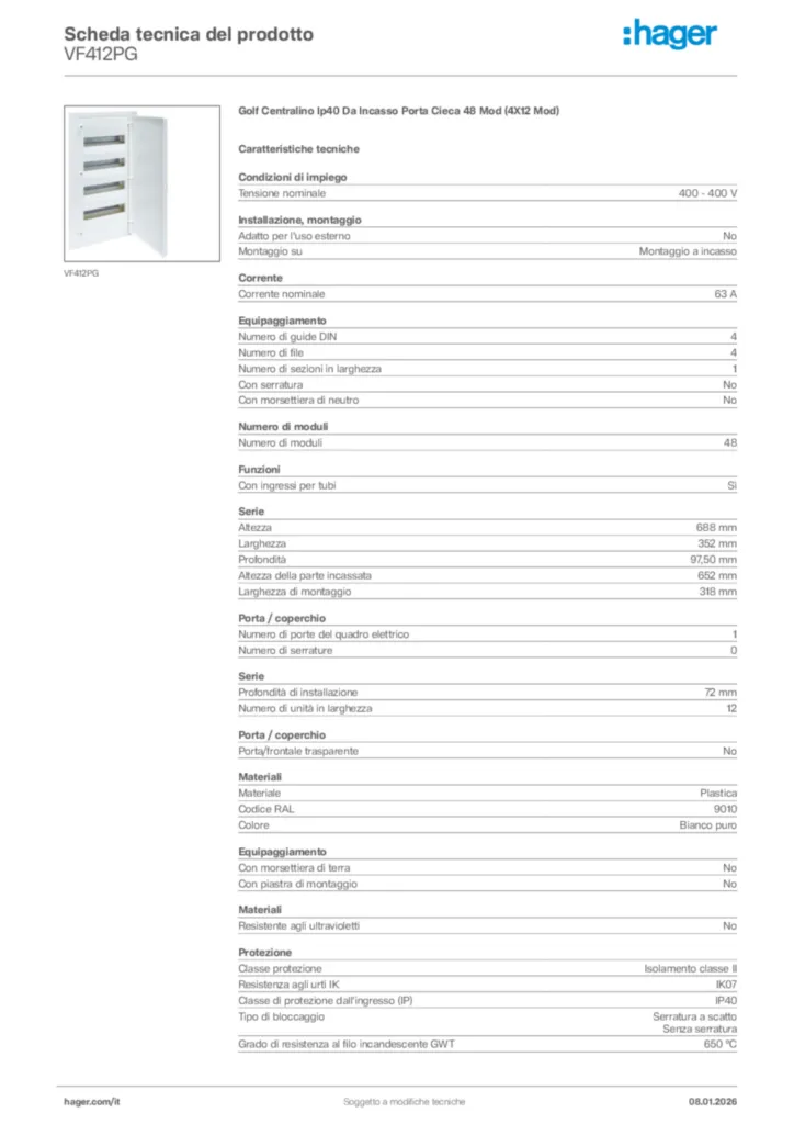 Immagine Hager Scheda tecnica del prodotto VF412PG | Hager Italia