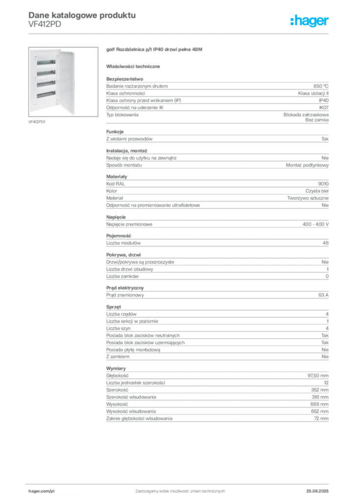 Zdjęcie Hager Karta katalogowa VF412PD | Hager Polska