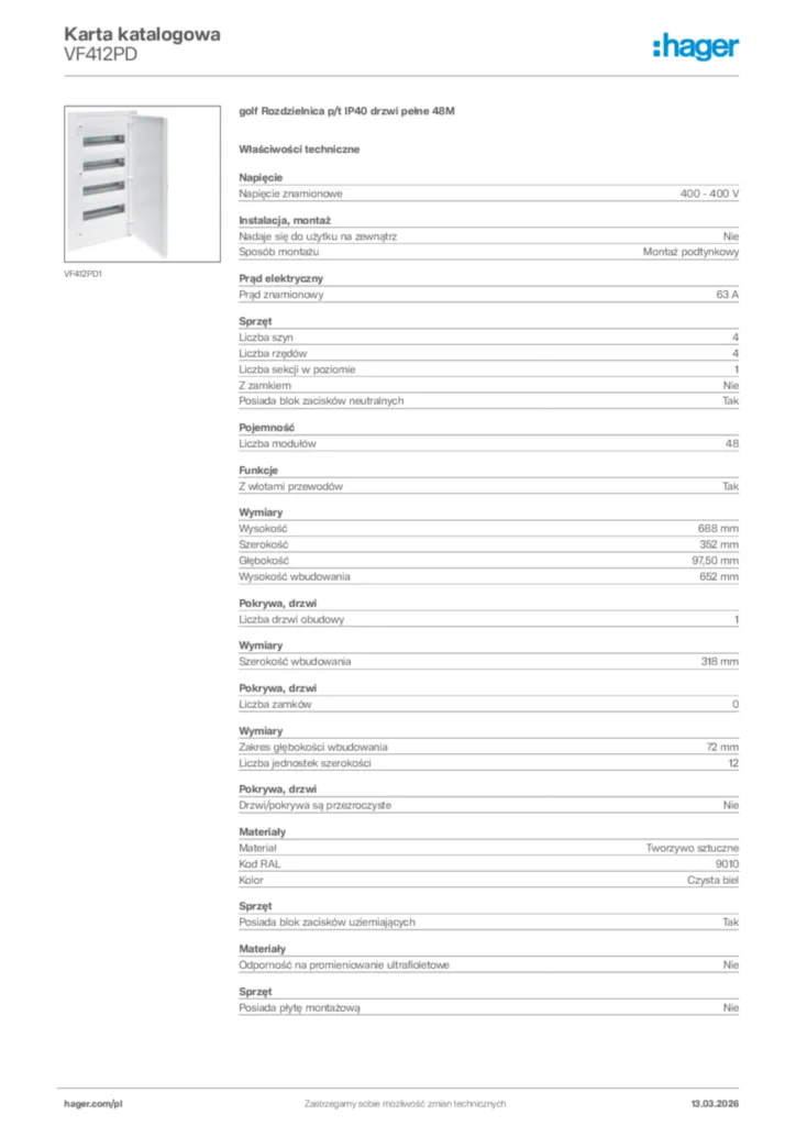 Zdjęcie Hager Karta katalogowa VF412PD | Hager Polska