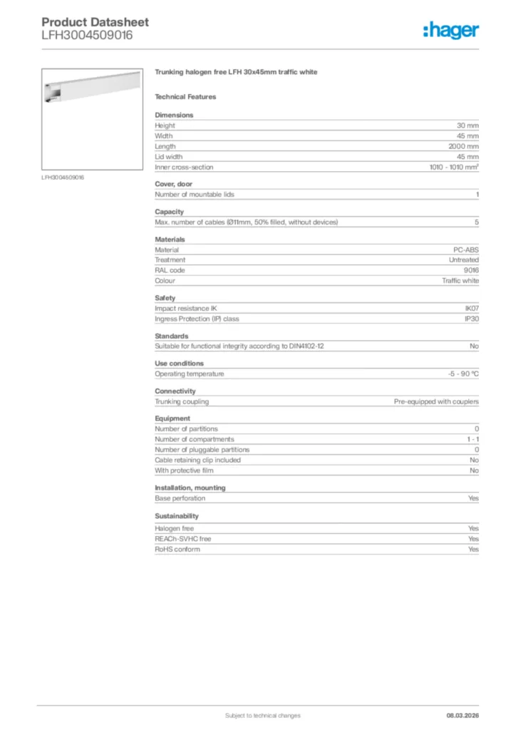 Image Hager Product data sheet LFH3004509016  | Hager Africa
