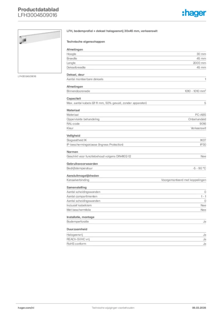 Afbeelding Hager Productdatablad LFH3004509016 | Hager Nederland