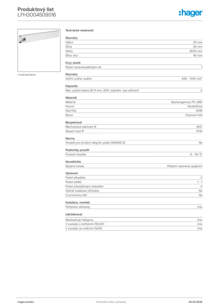Obrázek Hager Product data sheet LFH3004509016 | Hager