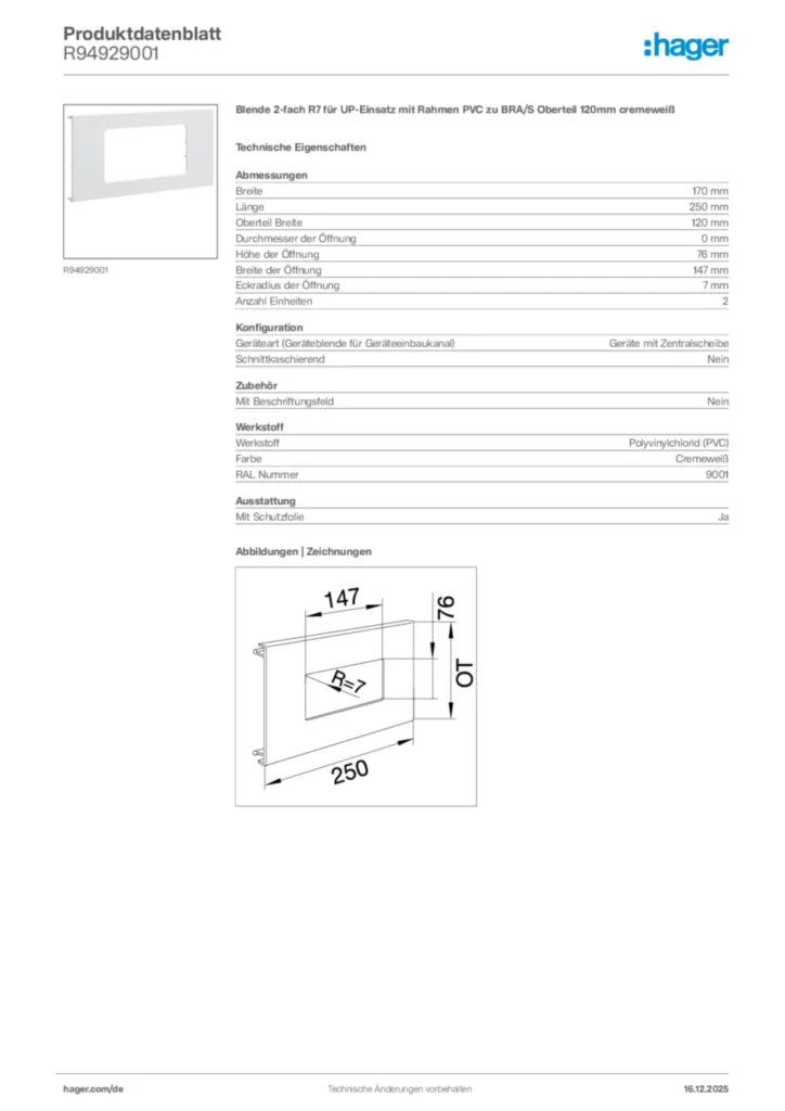 Bild Hager Produktdatenblatt R94929001 | Hager Deutschland